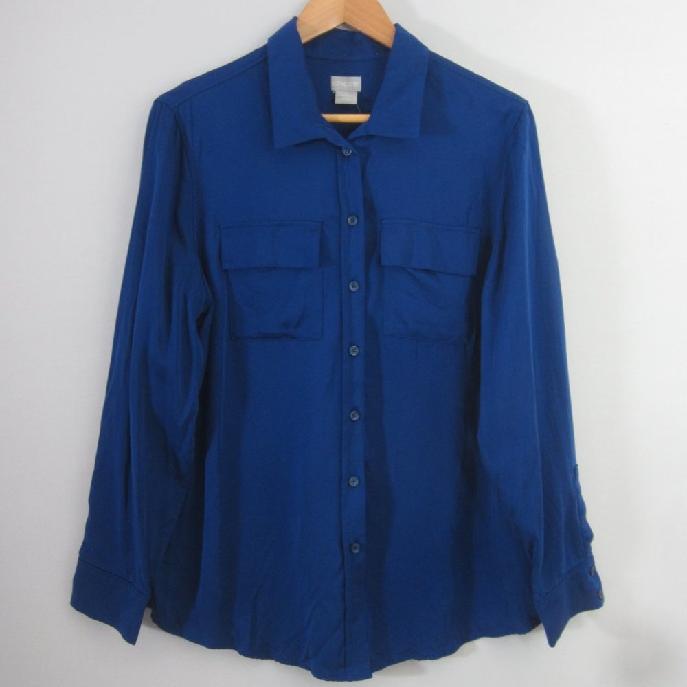 NEW Chicos 2 Womens L Seafaring Blue LS Modal Satin Blouse Shirt Pockets NWT